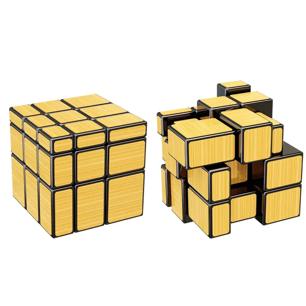 Gold and black Rubik's cube-like puzzle on a white background