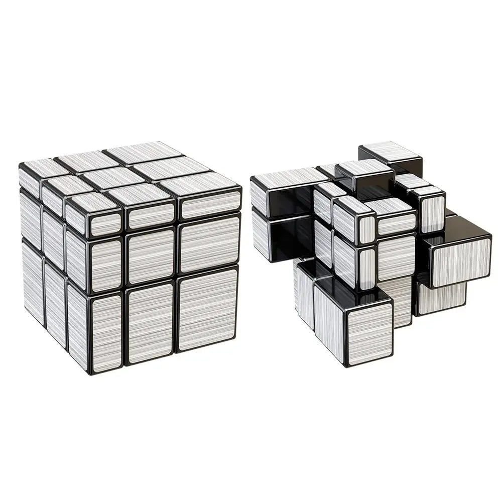 Reflective cube puzzle with mirror-like surface on a white background