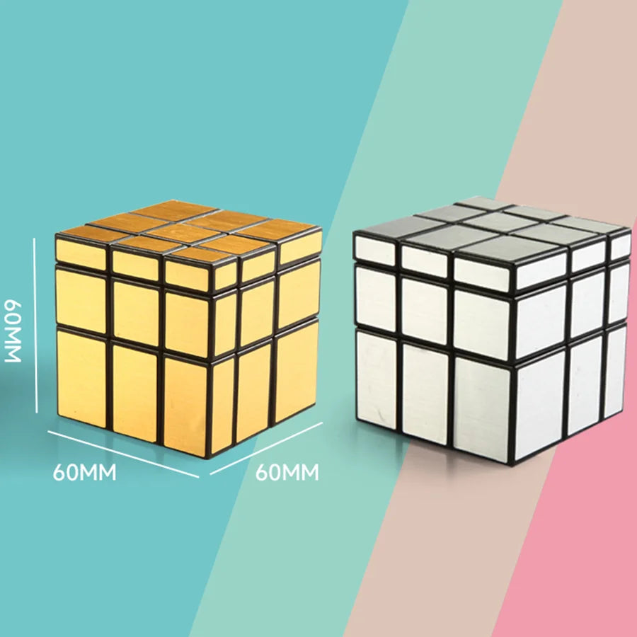 Two mirror cube puzzles with dimensions labeled on a colorful background