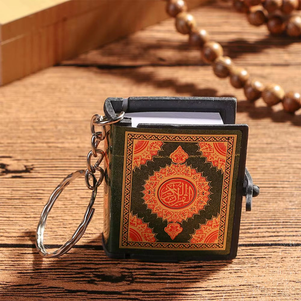 Keychain Qur’an sat upright showing top of book.