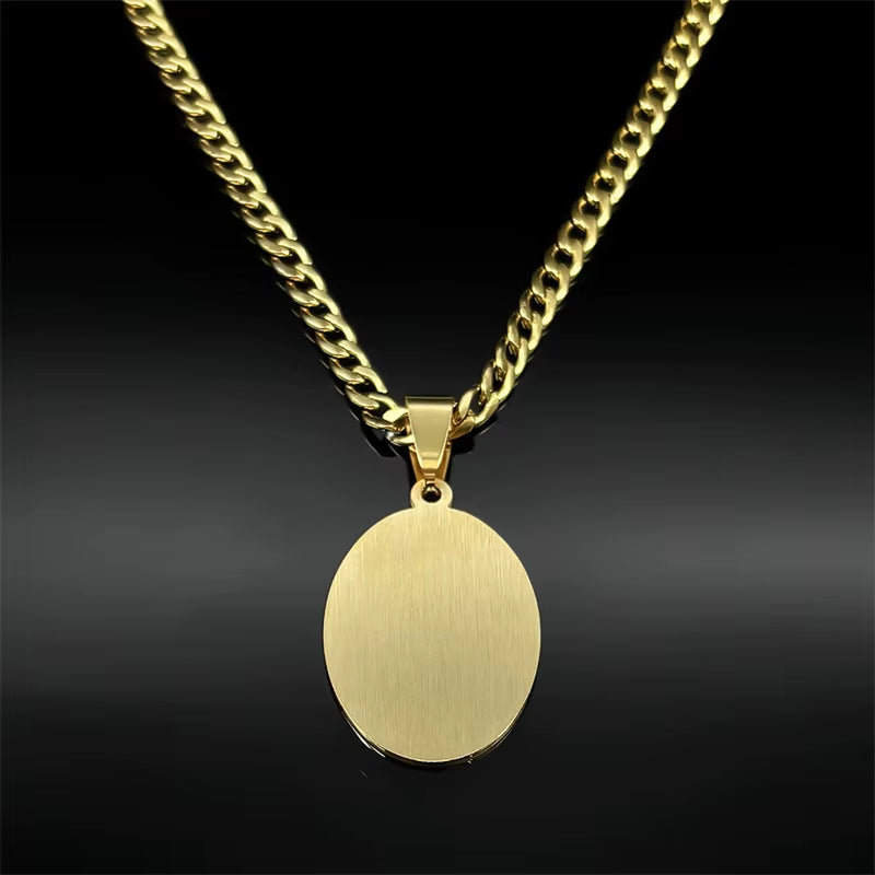 Quran Pendant Necklace displayed flat showing backside of pendant on black background.