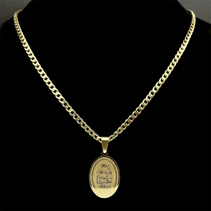 Quran Pendant Necklace displayed worn on mannequin silhouette and showing fit and length being worn around neck.  