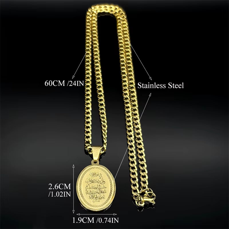Quran Pendant Necklace displayed flat showing dimensions on black background.