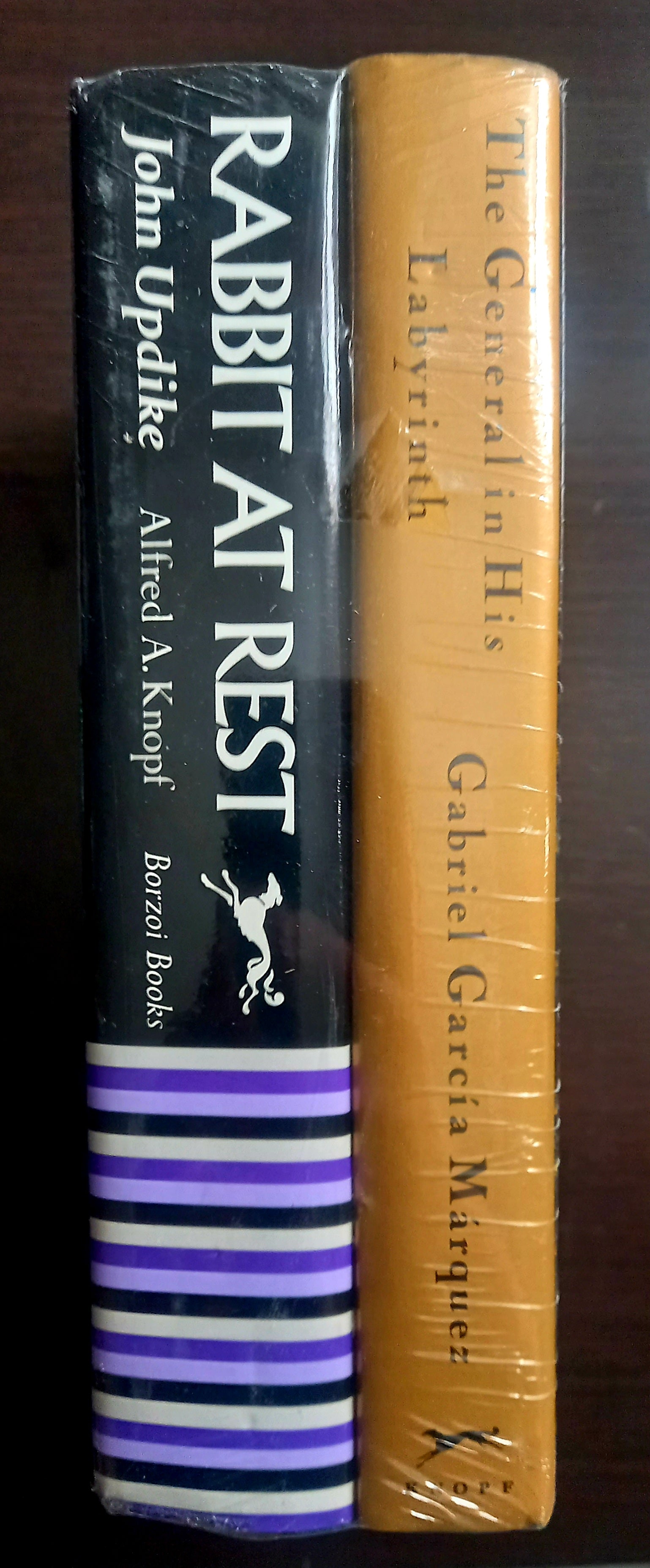 Spines upright angle of wrapped book bundle: The General in His Labyrinth by Gabriel García Márquez and Rabbit at Rest by John Updike