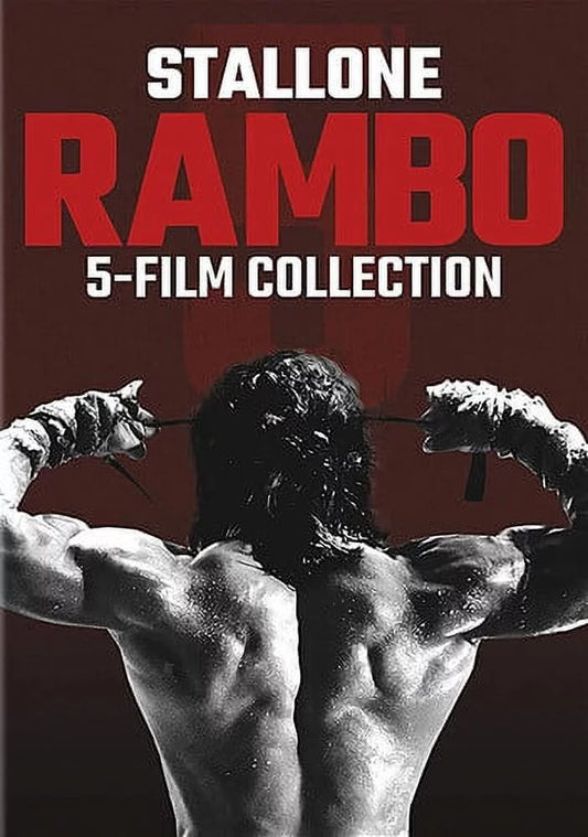 Front cover of 'The Ultimate Rambo Collection: 5 Film Action-Packed Adventure DVD' starring Sylvester Stallone, featuring Stallone as John Rambo with his shirt off on the cover and back facing camera.