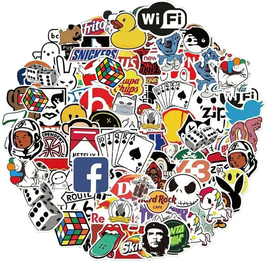 Collection of various stickers with different designs and logos on a white background