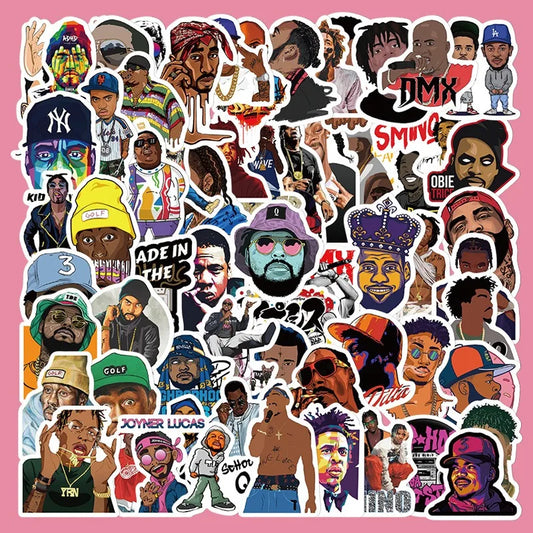 Collection of rap and hip-hop stickers with various characters on a pink background