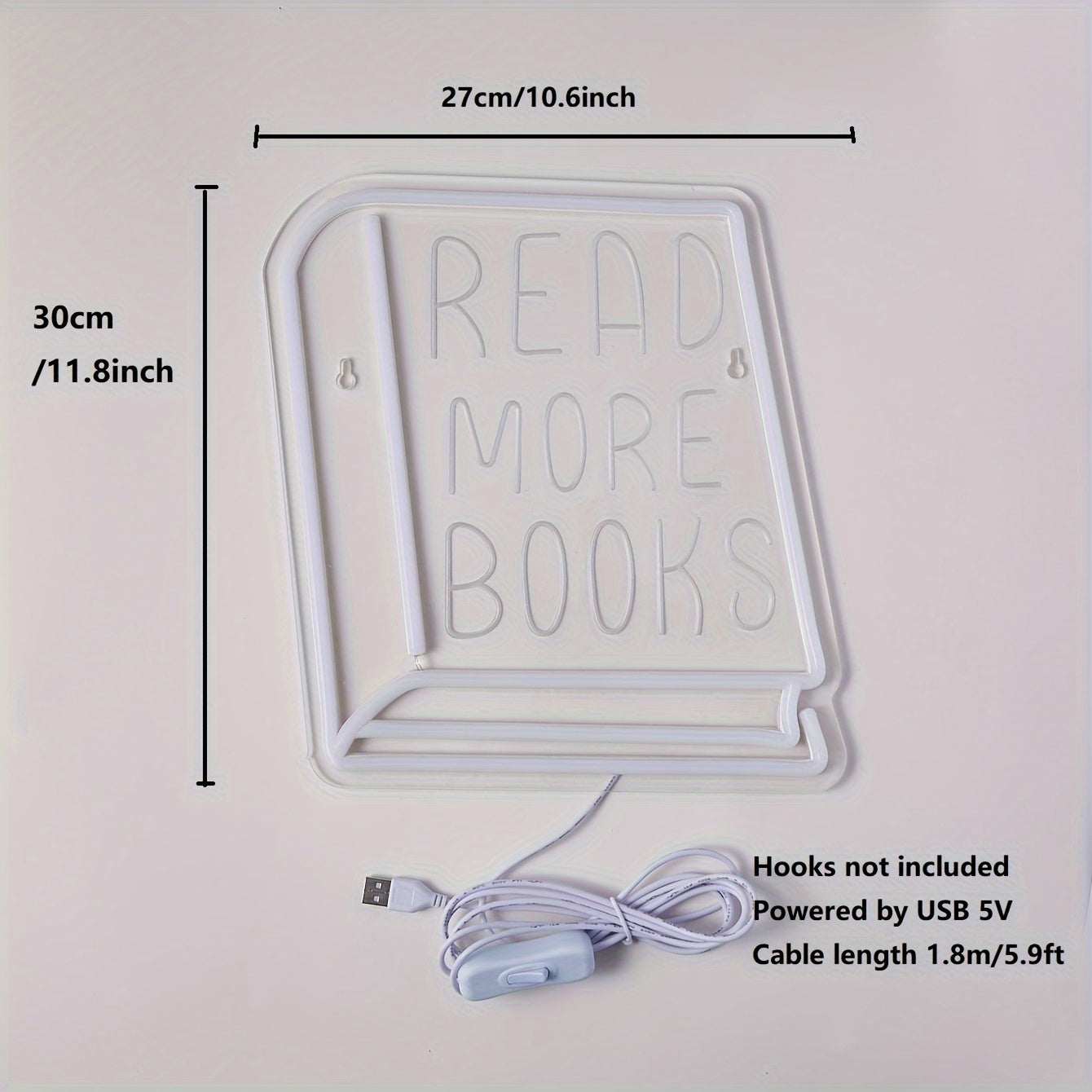 Neon sign with 'READ MORE BOOKS' text, dimensions, and USB cable on a light pink background