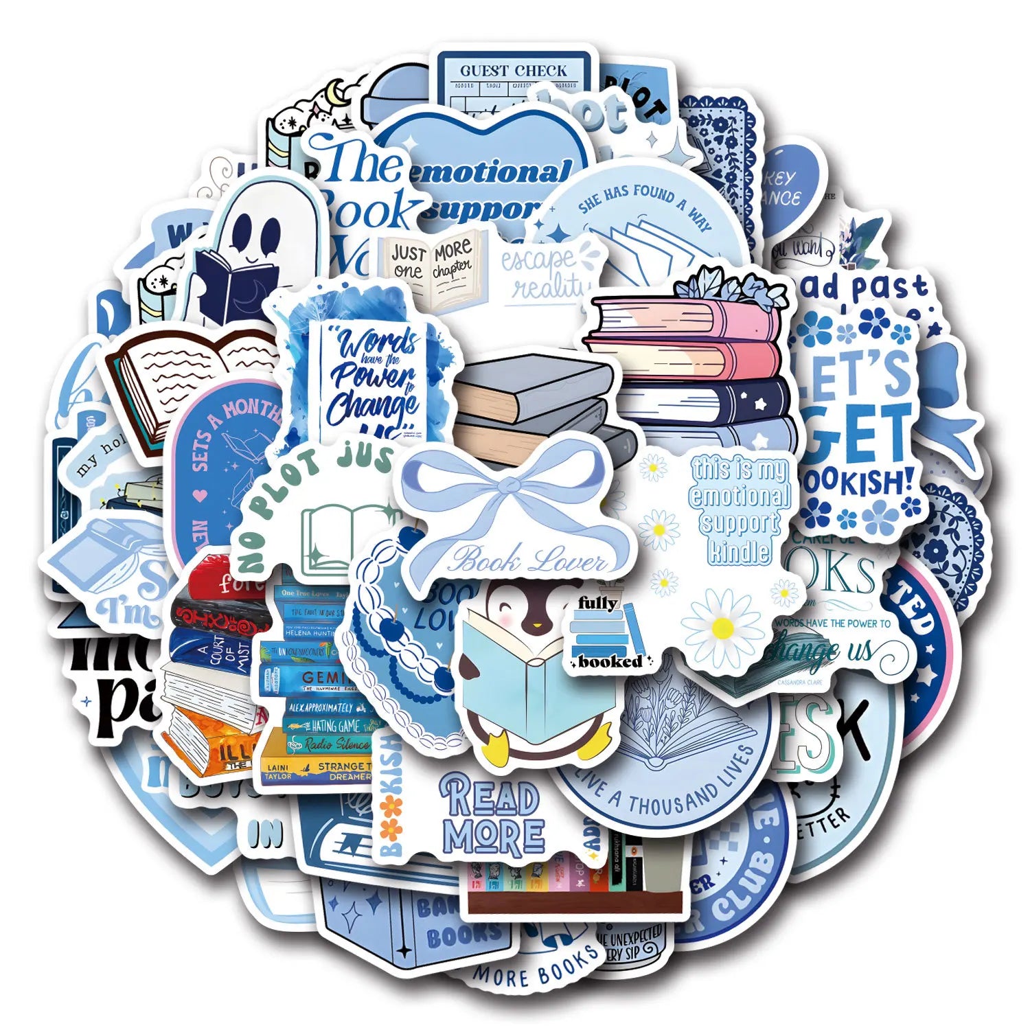 Collection of book-themed stickers on a white background