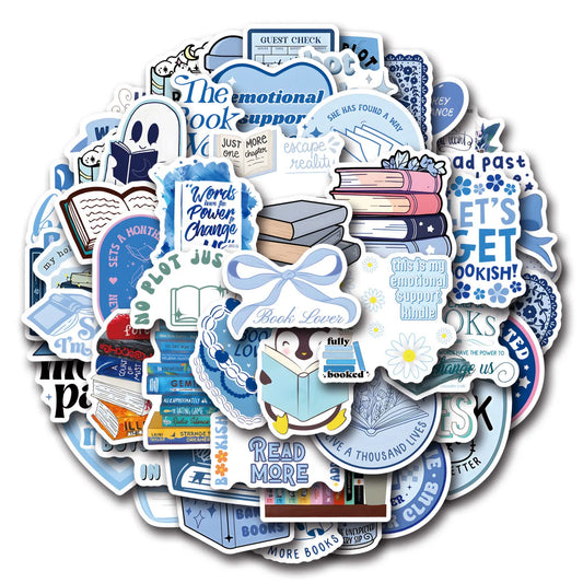 Collection of book-themed stickers on a white background