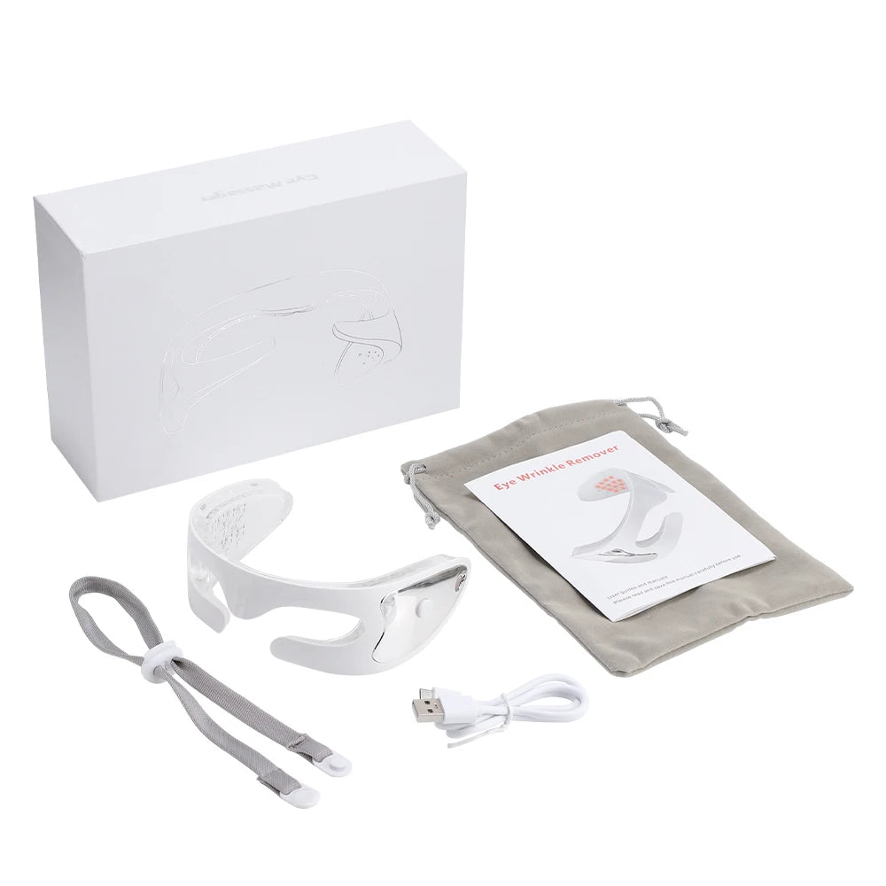 White anti-aging ems led red light eye mask with usb charger, head strap, instructions, carrying case and product box.