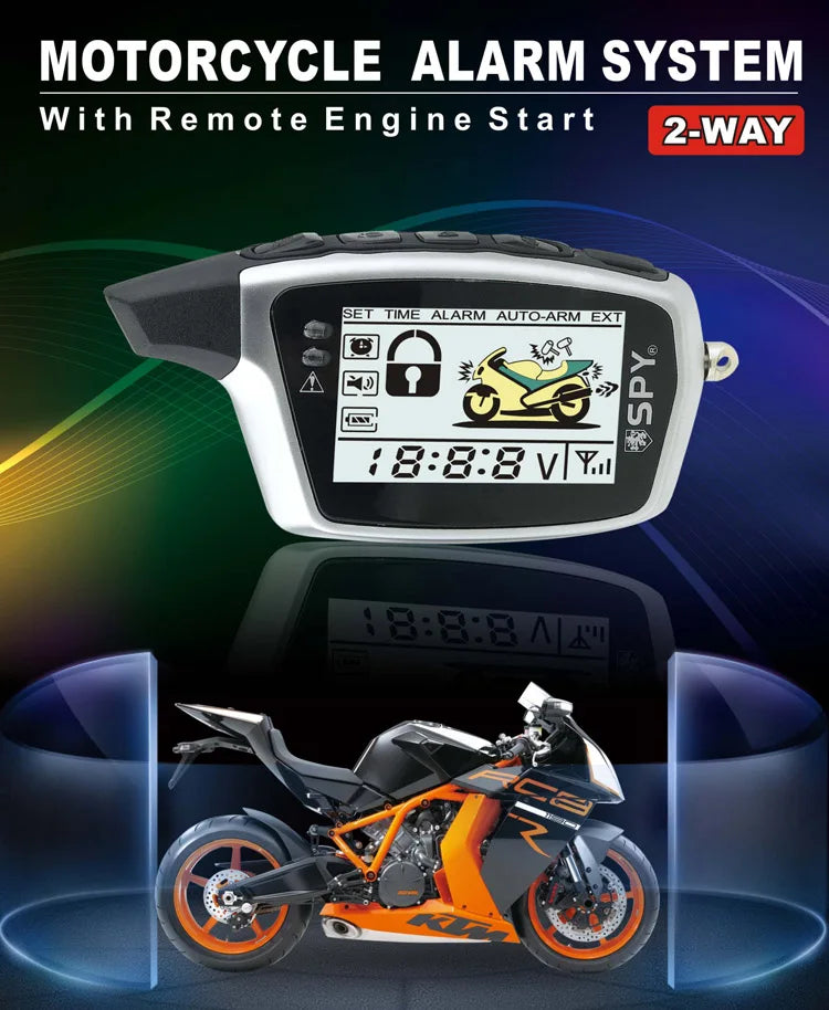 Motorcycle alarm system with remote engine start on a reflective surface