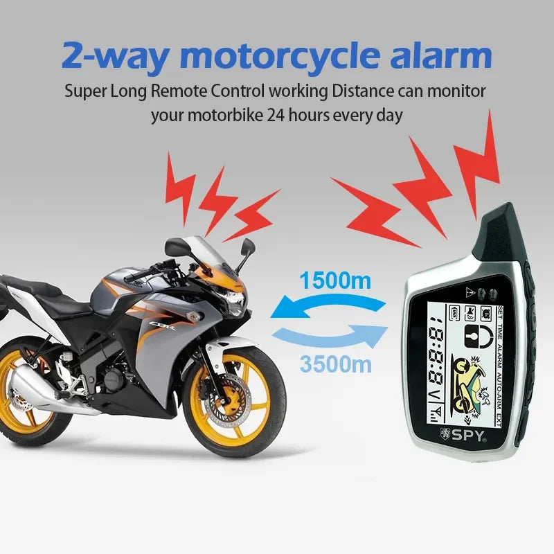 Motorcycle alarm system with motorcycle and digital display on a gray background