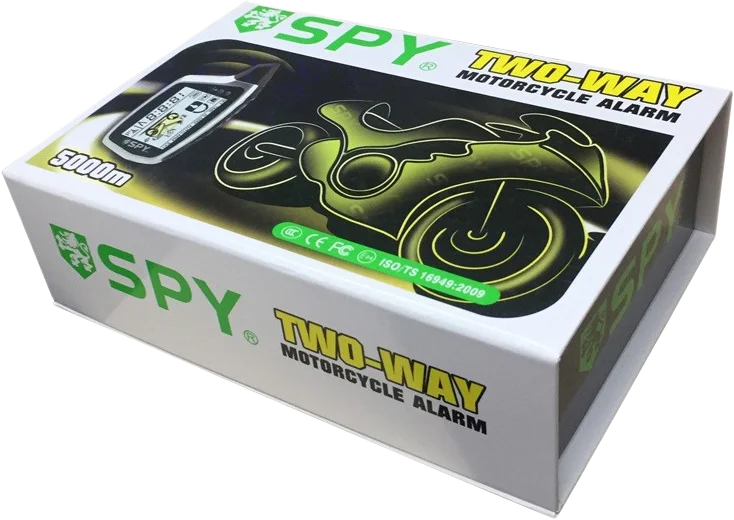 Spy two-way motorcycle alarm packaging with motorcycle graphic