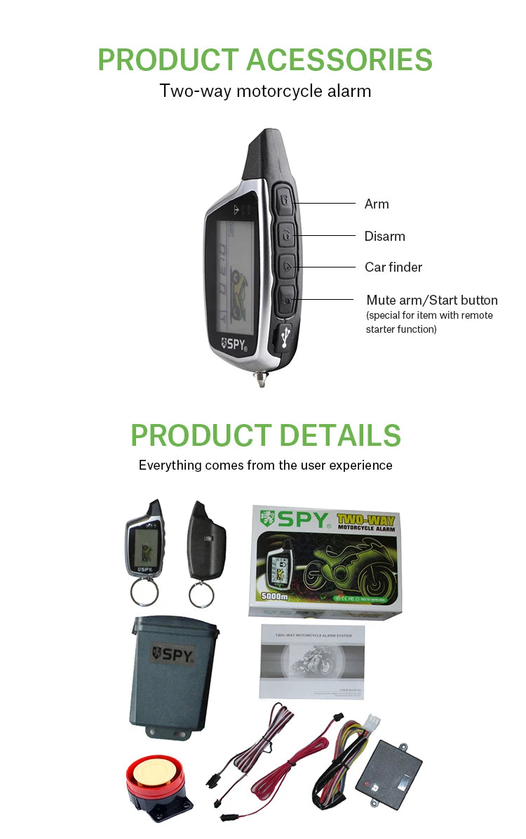 Two-way motorcycle alarm system with accessories on a white background