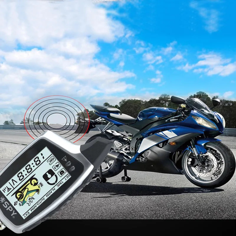 Motorcycle with a digital speedometer display on a road with a clear sky.