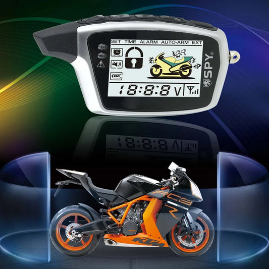 Motorcycle alarm system with digital display and motorcycle model on a dark background