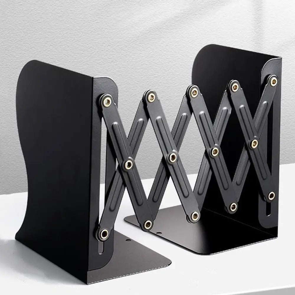 Black adjustable bookend on a white surface with a gray background