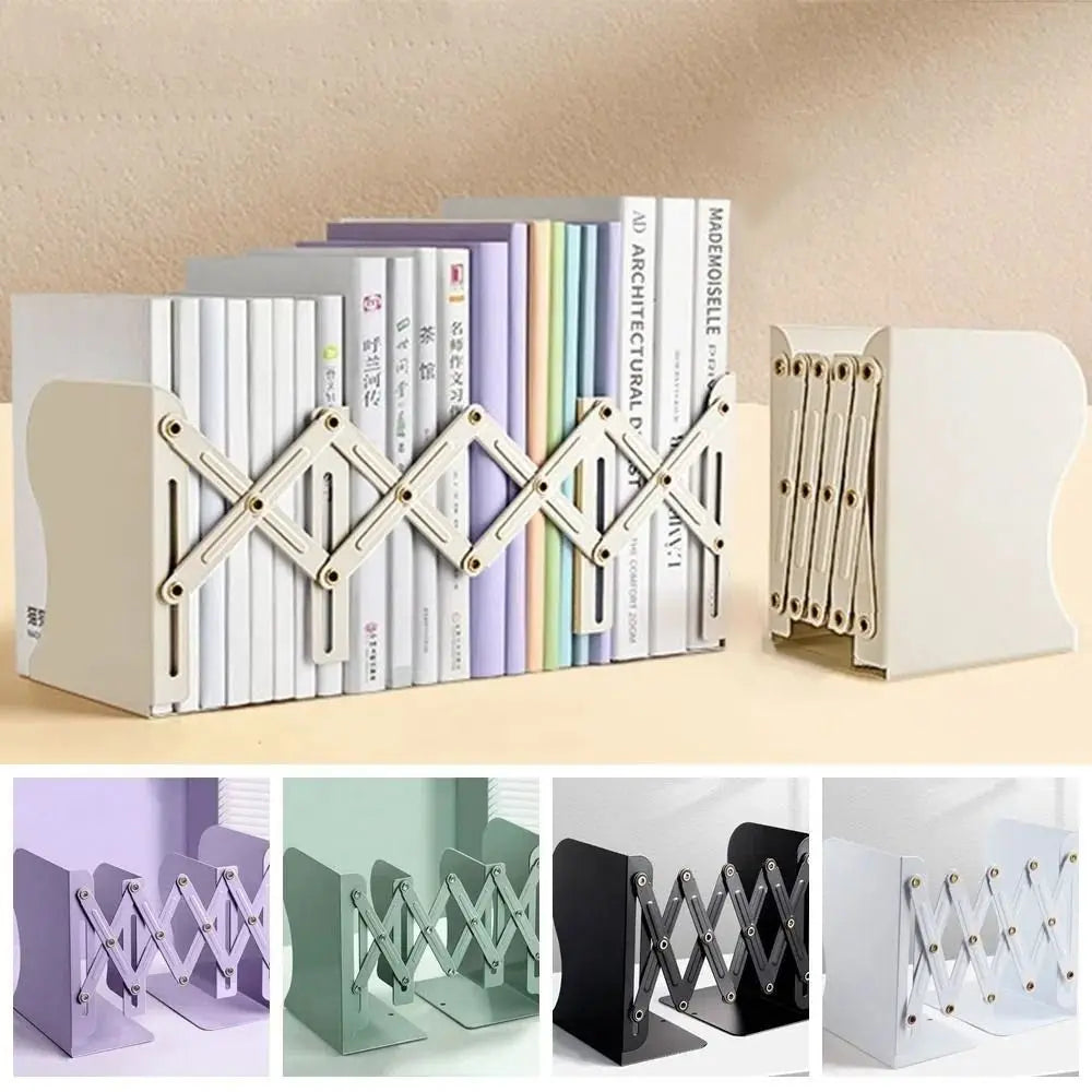 Metal bookends with books on a beige background