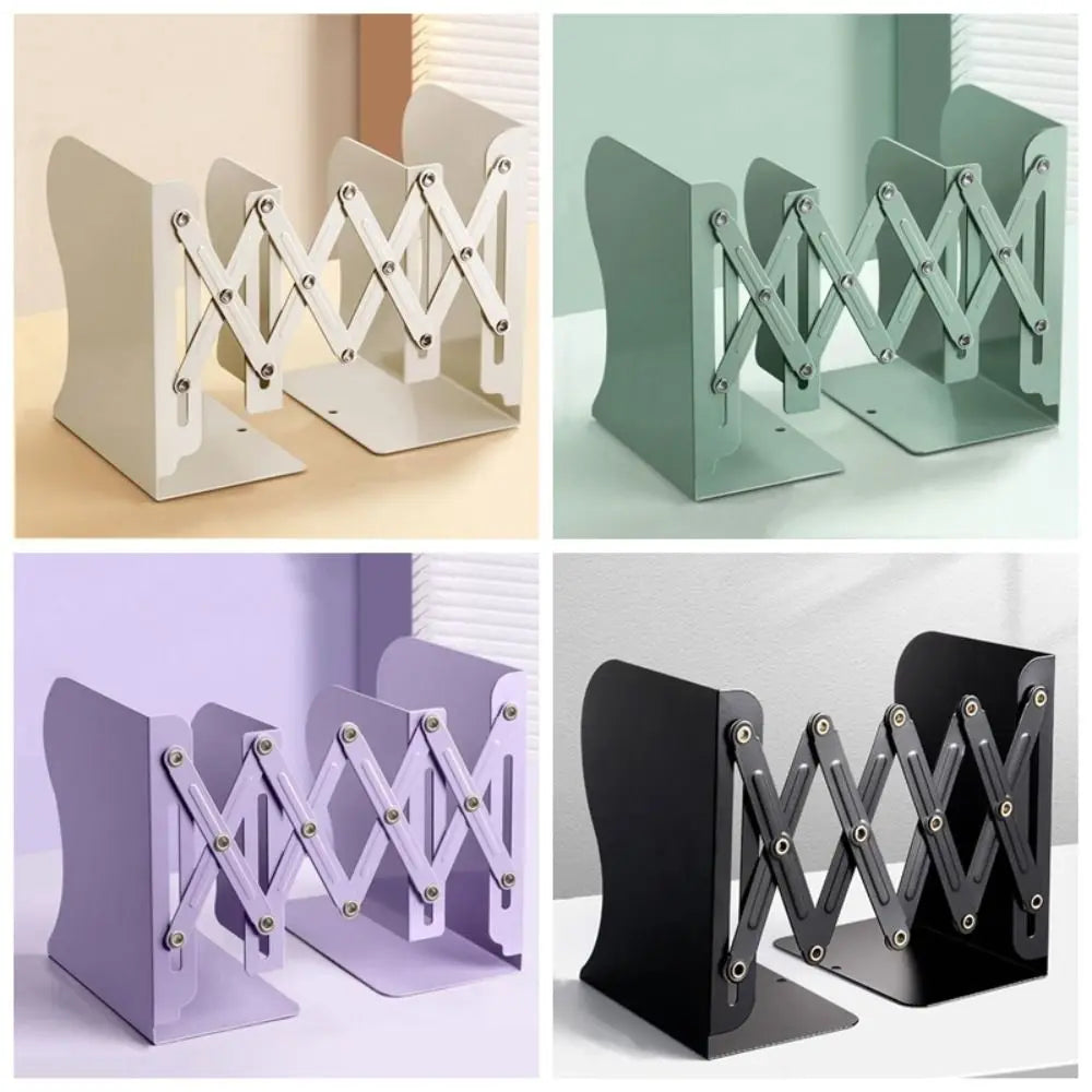 Four different colored bookends on a white background