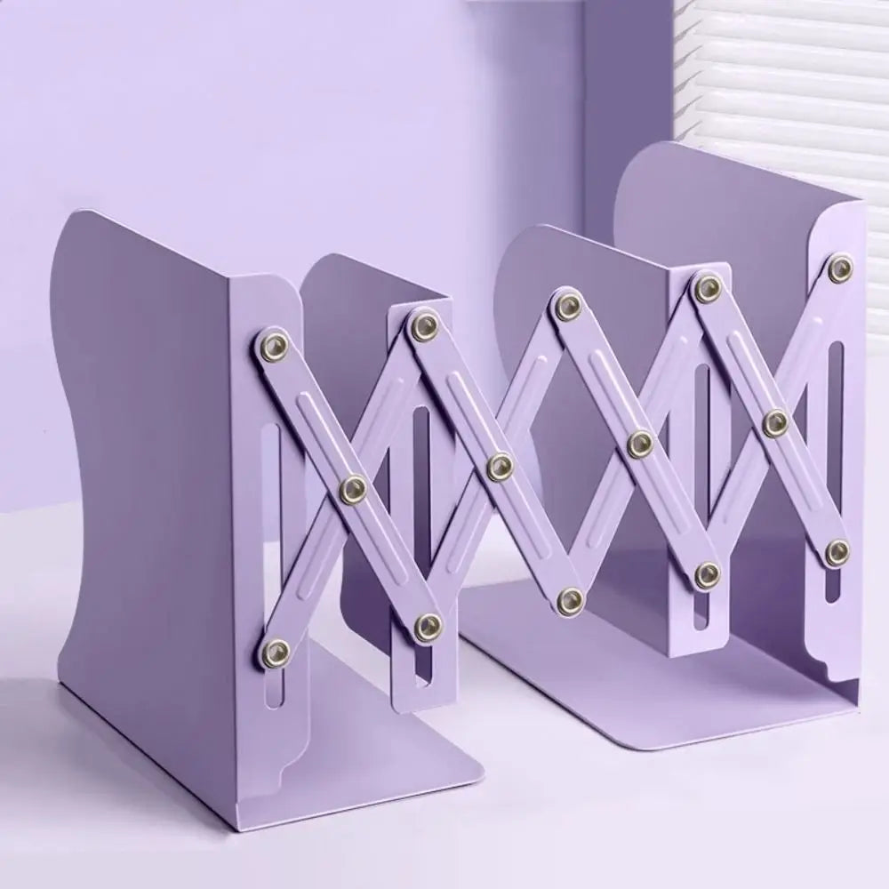 Purple metal bookends with a geometric design on a white background