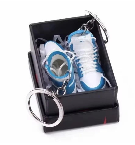 Mini Retro Jordan sneaker keychain and NBA basketball keychain fan charms, boxed and unboxed options