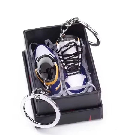 Mini Retro Jordan sneaker keychain and NBA basketball keychain fan charms, boxed and unboxed options