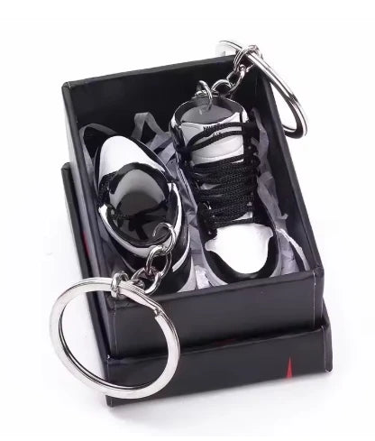 Mini Retro Jordan sneaker keychain and NBA basketball keychain fan charms, boxed and unboxed options