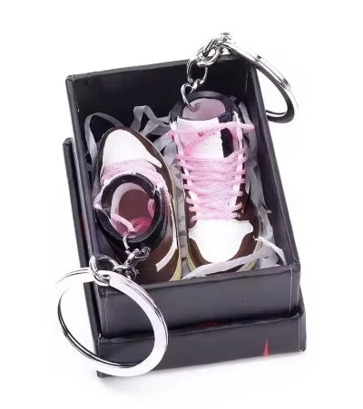 Mini Retro Jordan sneaker keychain and NBA basketball keychain fan charms, boxed and unboxed options