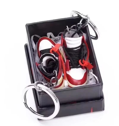 Mini Retro Jordan sneaker keychain and NBA basketball keychain fan charms, boxed and unboxed options