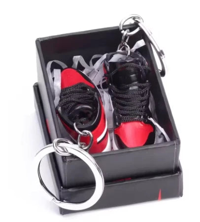 Mini Retro Jordan sneaker keychain and NBA basketball keychain fan charms, boxed and unboxed options