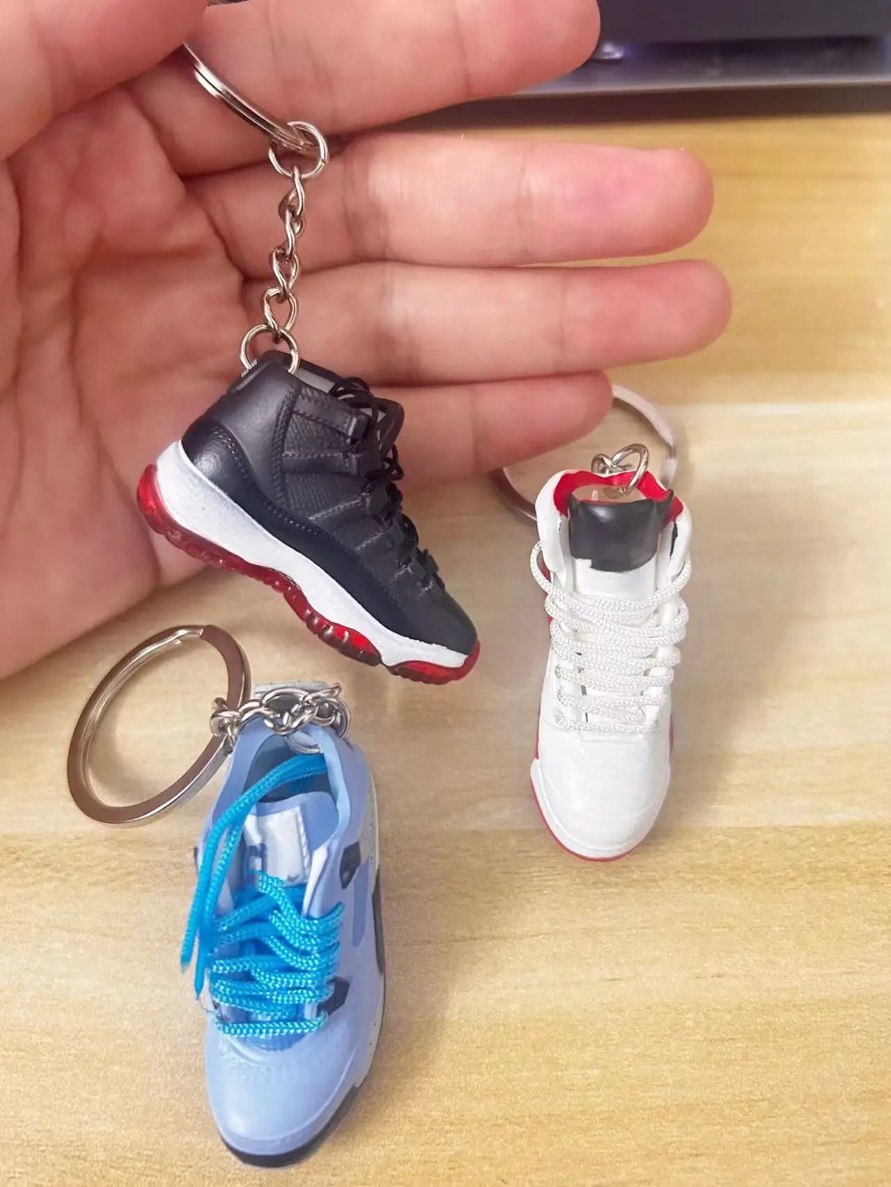 Mini Retro Jordan sneaker keychain and NBA basketball keychain fan charms, boxed and unboxed options