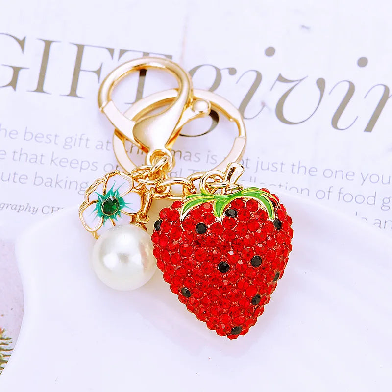 Rhinestone watermelon and pineapple and fruit keychain charm with gold-tone lobster clasp