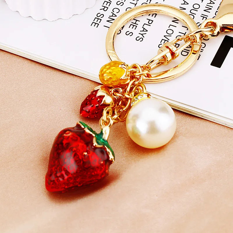 Rhinestone watermelon and pineapple and fruit keychain charm with gold-tone lobster clasp