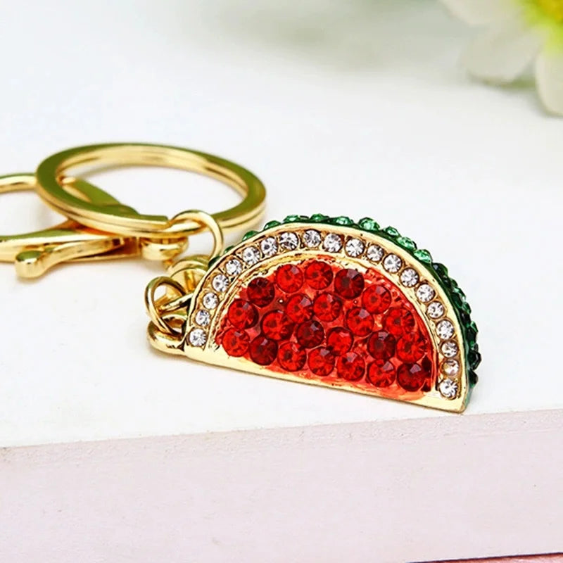 Rhinestone watermelon and pineapple and fruit keychain charm with gold-tone lobster clasp