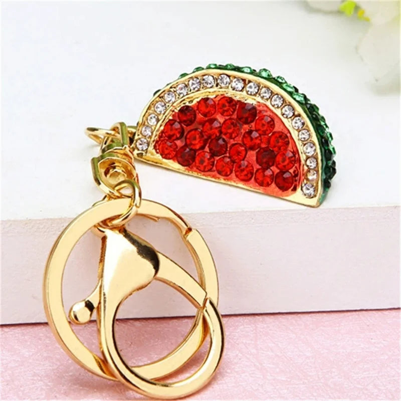Rhinestone watermelon and pineapple and fruit keychain charm with gold-tone lobster clasp