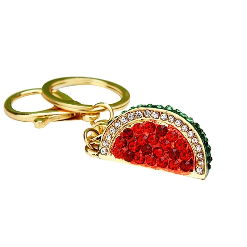 Rhinestone watermelon and pineapple and fruit keychain charm with gold-tone lobster clasp