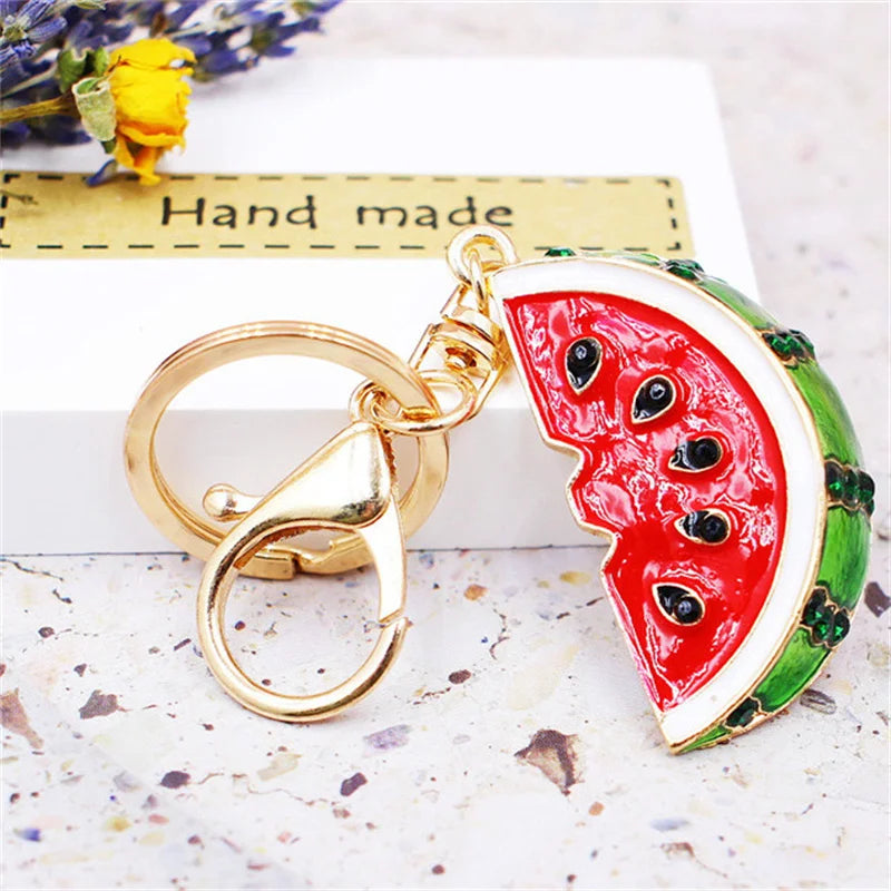 Rhinestone watermelon and pineapple and fruit keychain charm with gold-tone lobster clasp