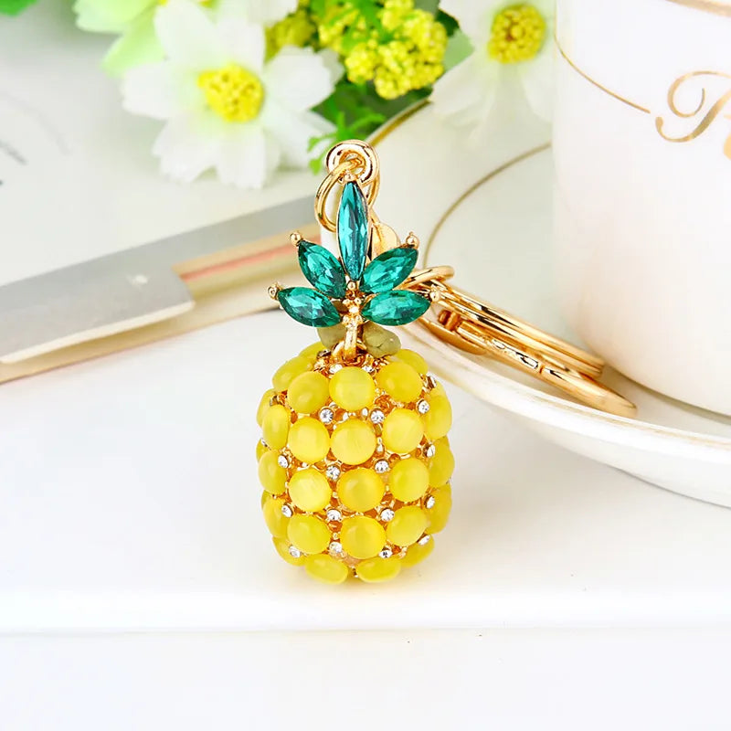 Rhinestone watermelon and pineapple and fruit keychain charm with gold-tone lobster clasp
