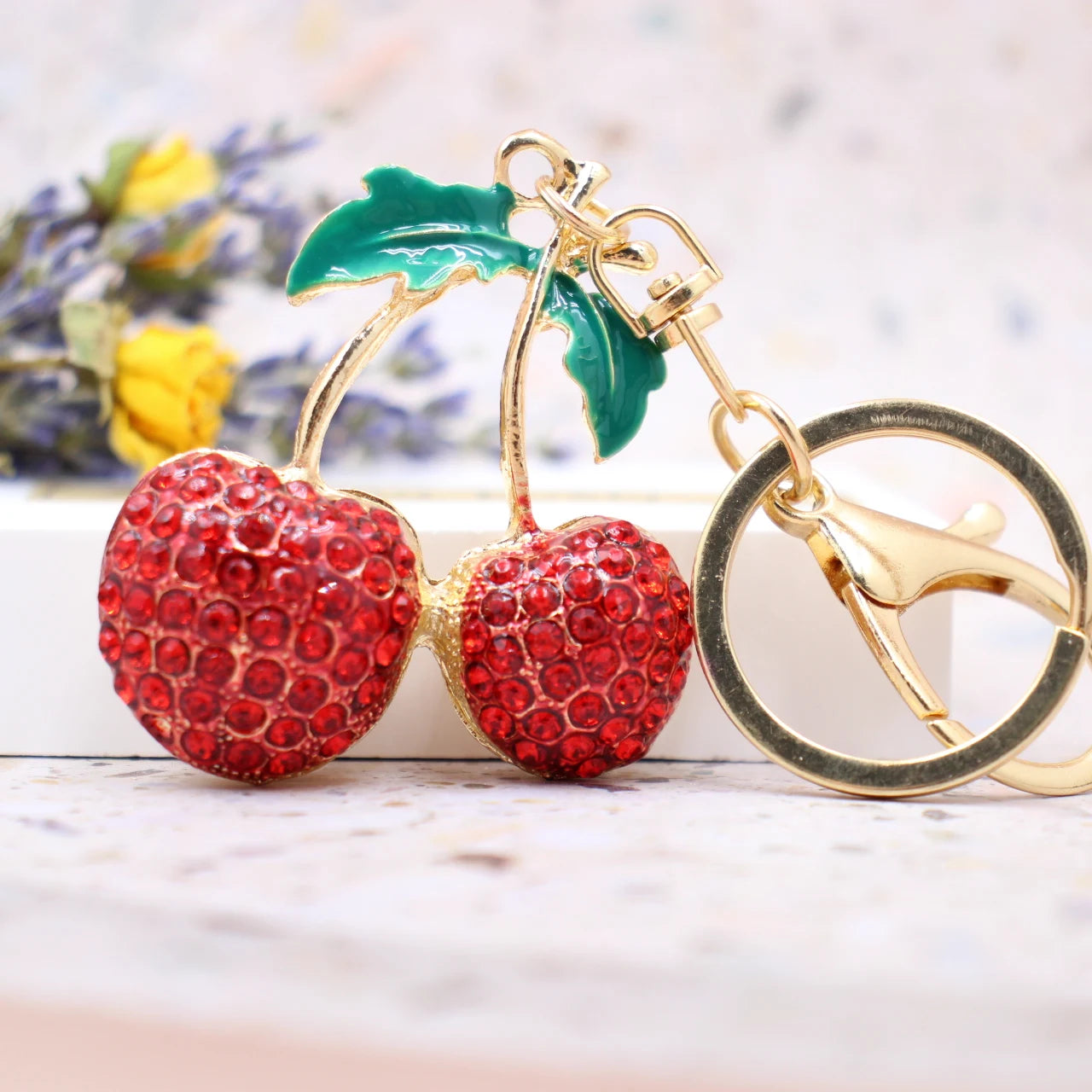 Rhinestone watermelon and pineapple and fruit keychain charm with gold-tone lobster clasp