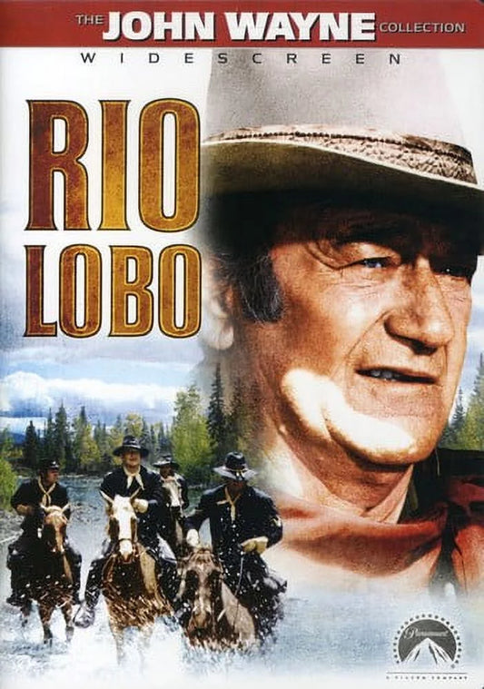 DVD cover of the Western film 'Rio Lobo' featuring John Wayne, with a wide-screen format indication, a depiction of a man on horseback, and a background suggesting a Western landscape.