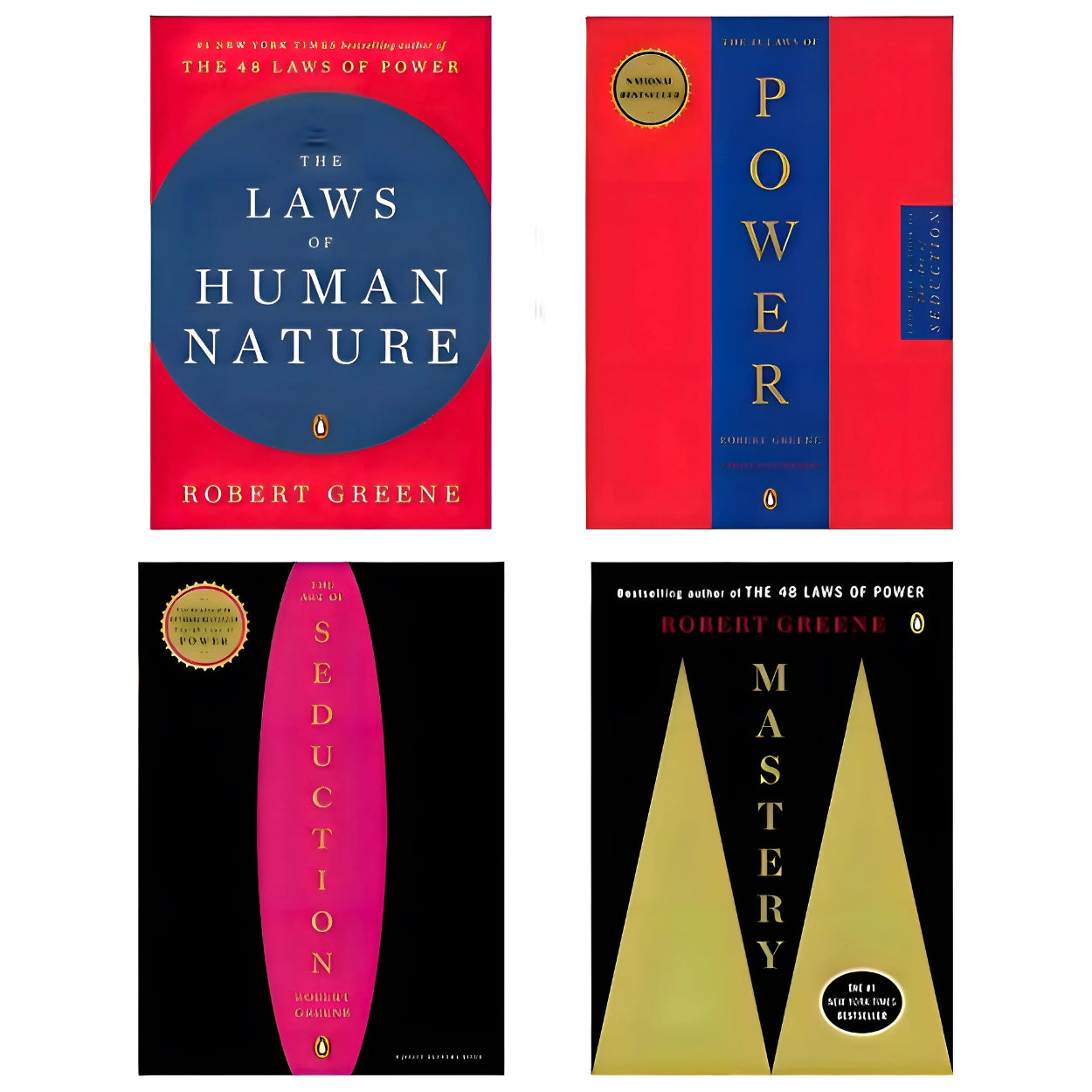 Set of books by Robert Greene including Robert Greene Collection 4 Books Set, including The Art of Seduction, Mastery, The Concise 48 Laws of Power, The Laws of Human Nature.