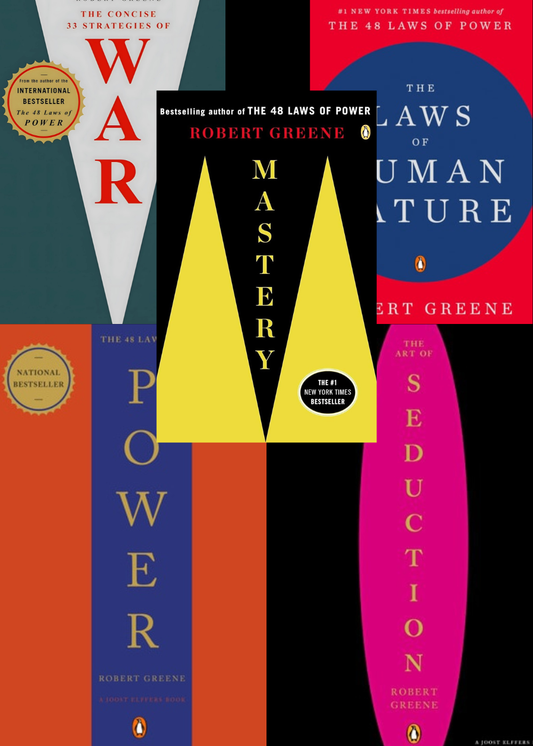 Collage of books by Robert Greene with colorful covers on a black background