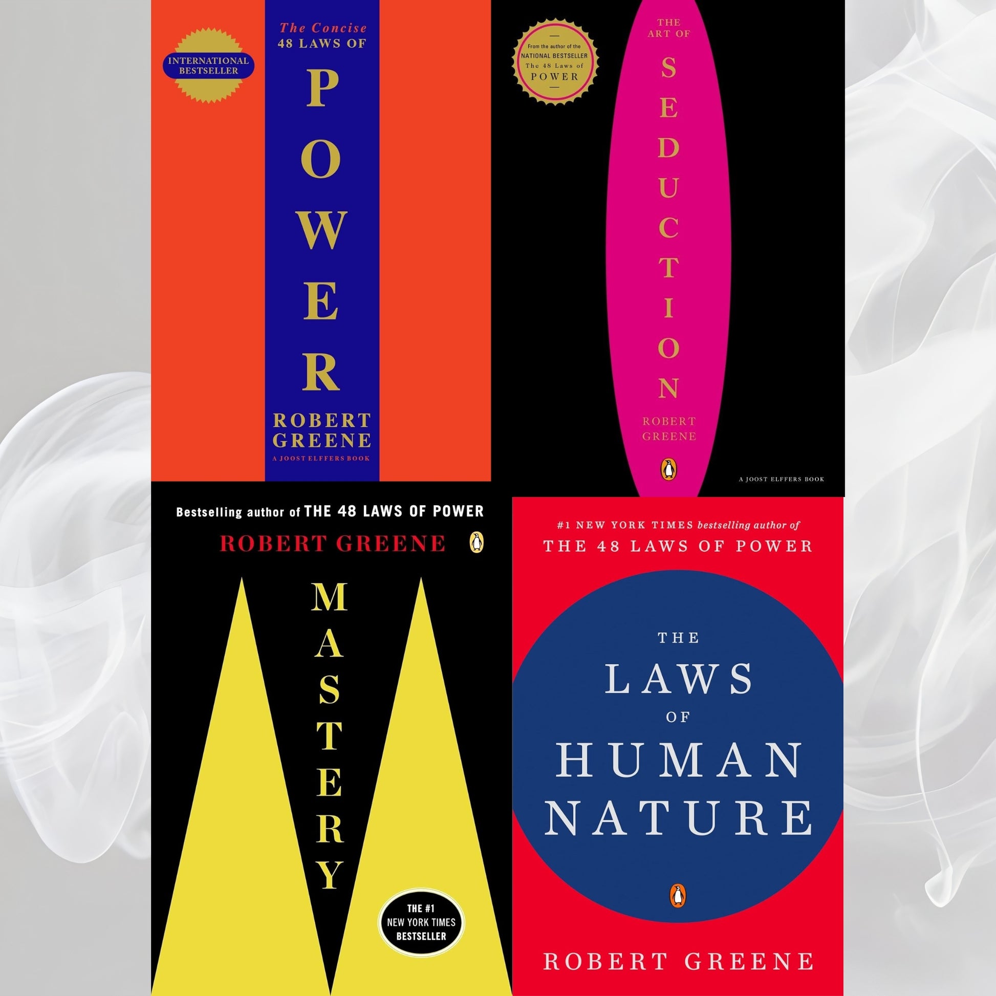 Collage of book covers by Robert Greene on a light gray background