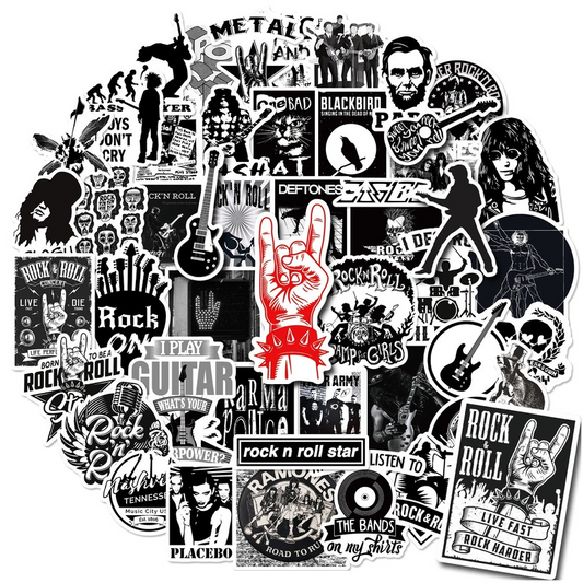 Collection of rock and roll-themed stickers on a white background