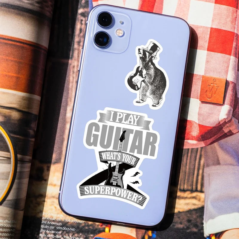 Phone case with guitar-themed design on a magazine background
