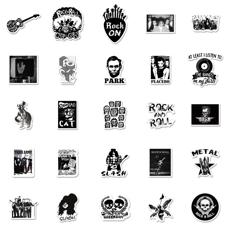Collection of black and white stickers with various designs on a white background