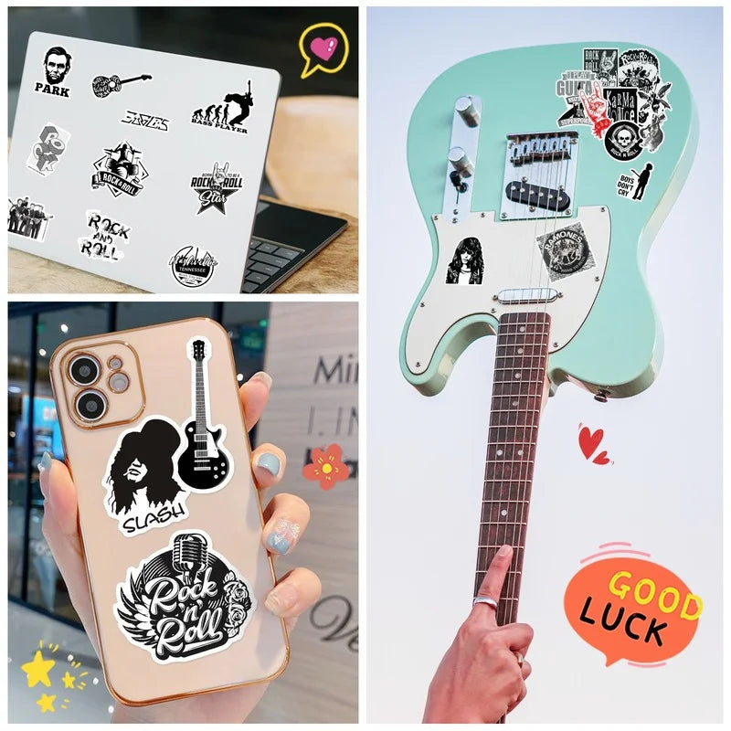 Collage of items with guitar-themed stickers including a laptop, phone case, and guitar.
