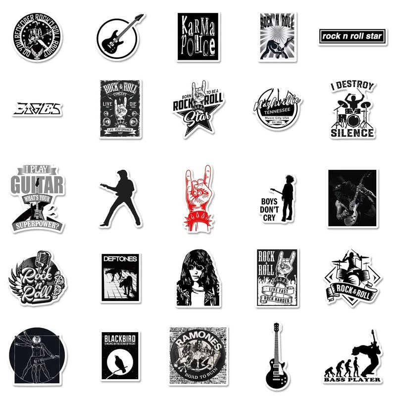 Collection of black and white rock and roll-themed stickers on a white background
