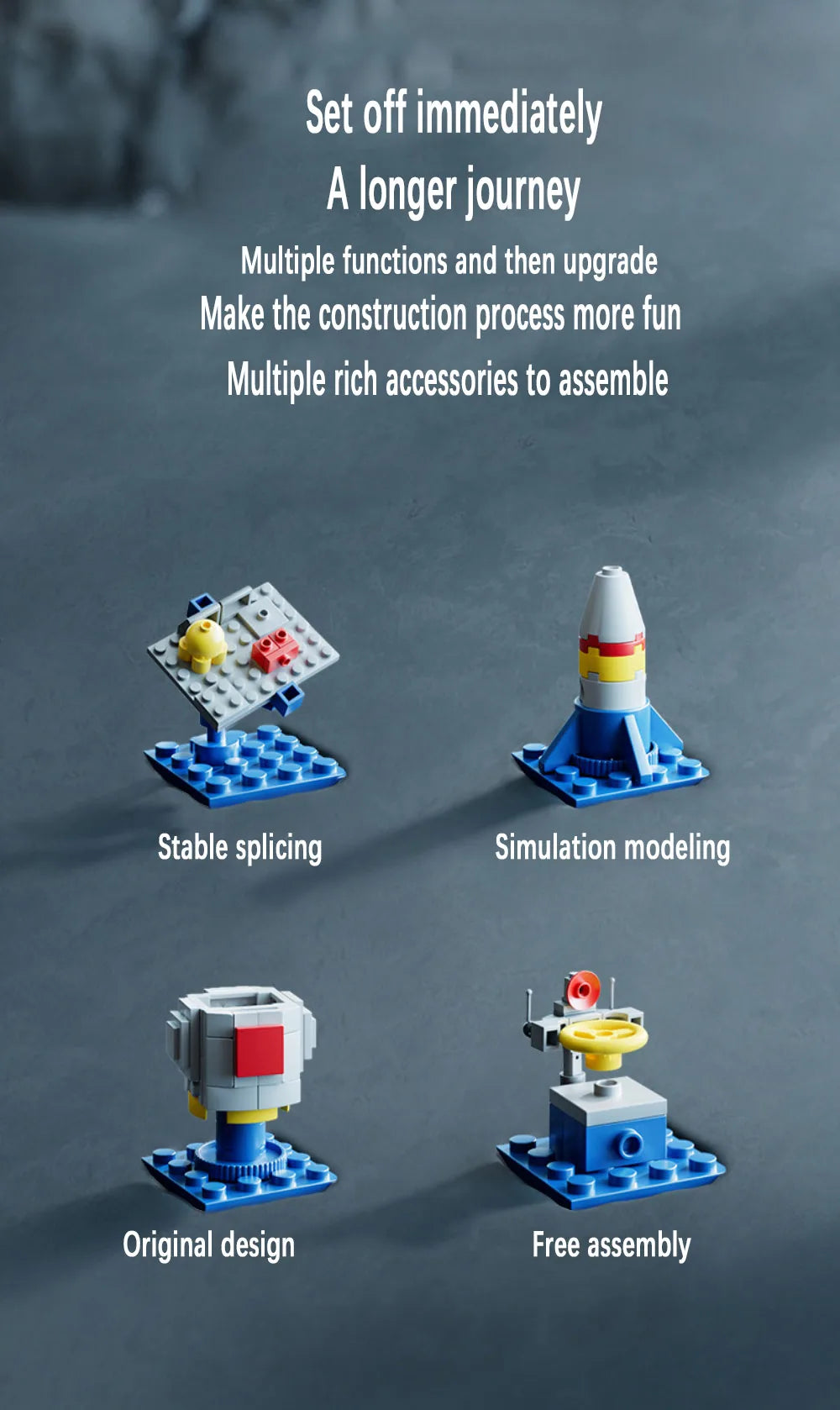 Toy building blocks with text describing features on a dark background